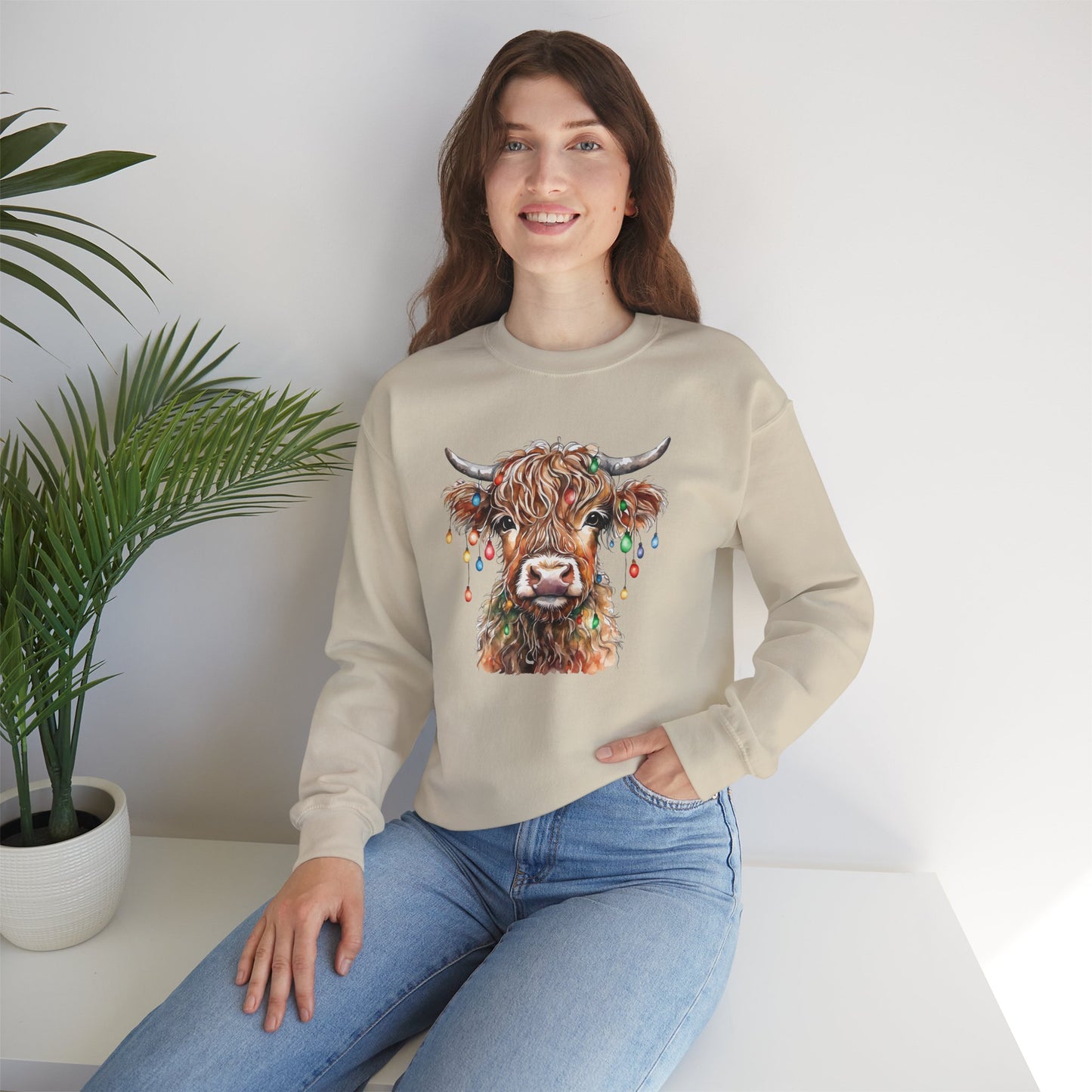 Cozy Baby Highland Cow Christmas Lights Sweatshirt – Cute Festive Winter Wear for Cow Lovers Baby Crewneck Sweatshirt