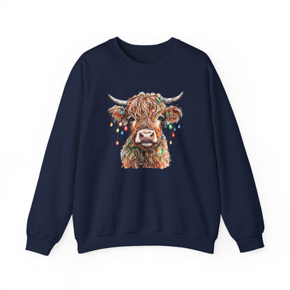 Cozy Baby Highland Cow Christmas Lights Sweatshirt – Cute Festive Winter Wear for Cow Lovers Baby  Crewneck Sweatshirt