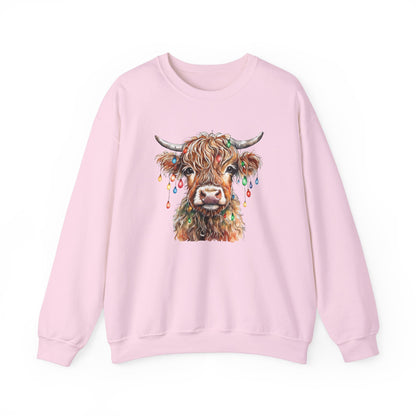 Cozy Baby Highland Cow Christmas Lights Sweatshirt – Cute Festive Winter Wear for Cow Lovers Baby  Crewneck Sweatshirt