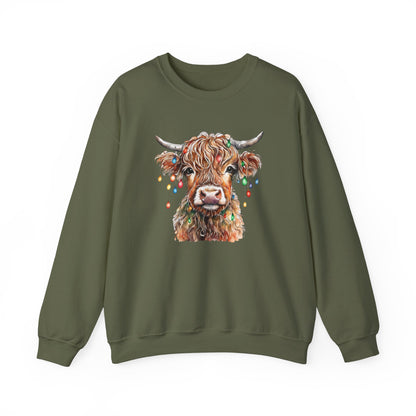 Cozy Baby Highland Cow Christmas Lights Sweatshirt – Cute Festive Winter Wear for Cow Lovers Baby  Crewneck Sweatshirt