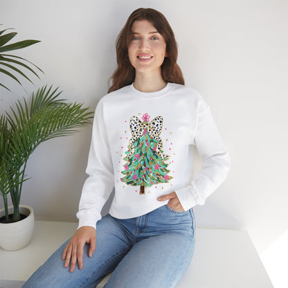 Festive Christmas Tree Sweater with Bow Top - Cozy Holiday Knit for Women Unisex Heavy Blend™ Crewneck Sweatshirt