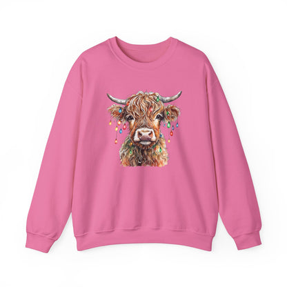 Cozy Baby Highland Cow Christmas Lights Sweatshirt – Cute Festive Winter Wear for Cow Lovers Baby  Crewneck Sweatshirt