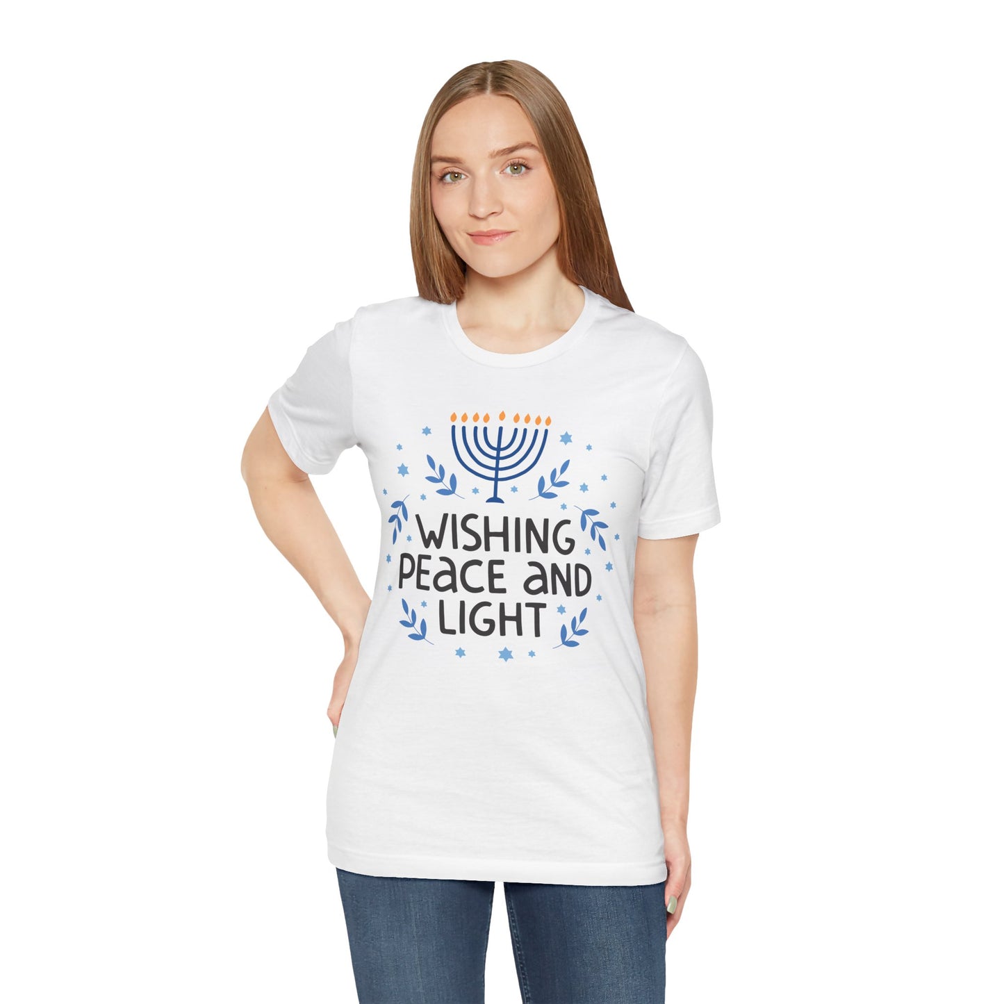 Wishing Peace and Light Hanukkah T-Shirt - Festive Jewish Holiday Tee Unisex Jersey Short Sleeve Tee