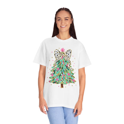 Festive Christmas Tree T-Shirt with Bow - Holiday Graphic Tee Garment-Dyed T-shirt